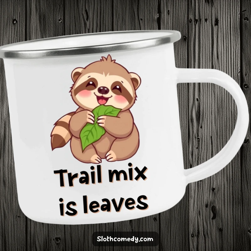 Funny Camping Mug: Kawaii sloth joyfully munching on a leaf, ideal for outdoor use and spreading happy sloth vibes.