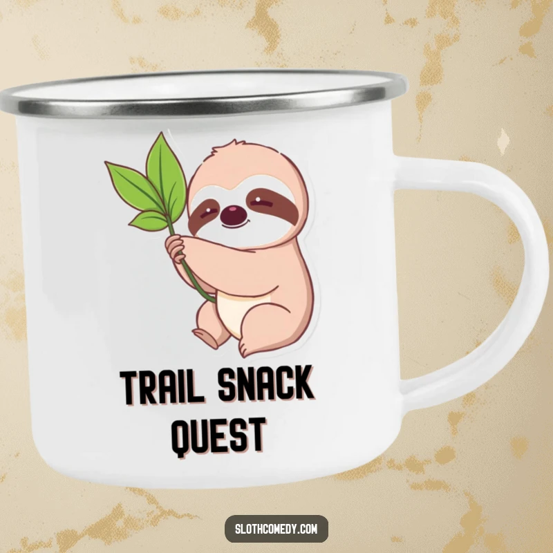 Funny Kawaii Sloth Leaf Camping Mug featuring a cute sloth slowly reaching for a leaf, perfect for humorous and patient outdoor enjoyment.
