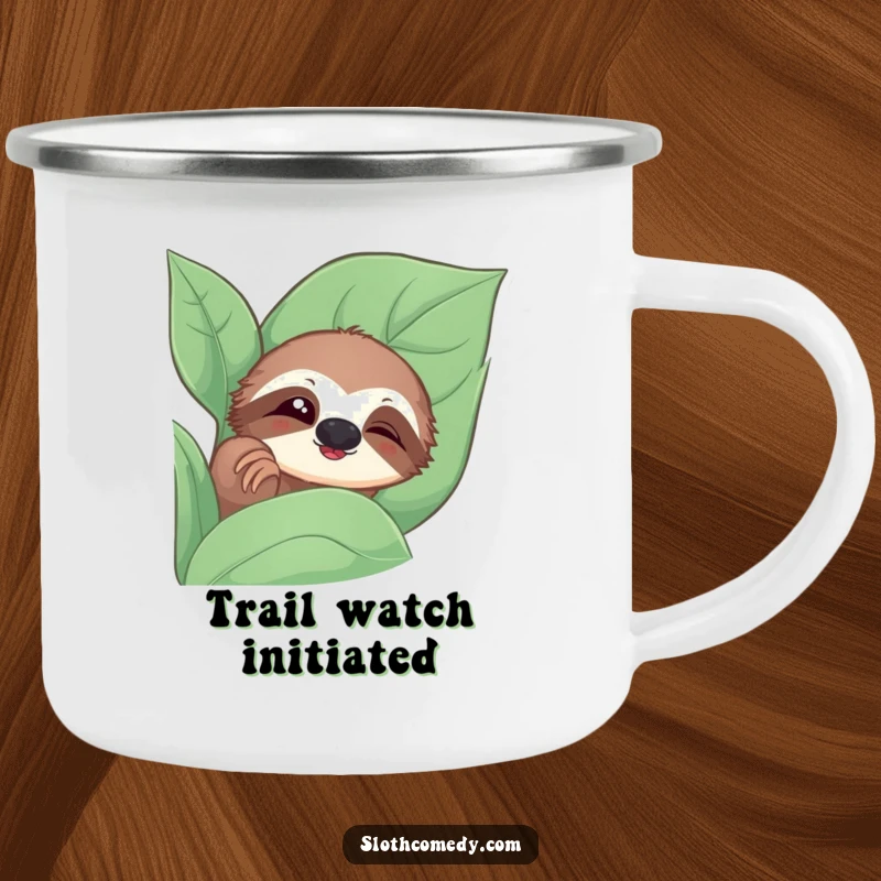 Funny camping mug with a sloth peeking from a leaf, giving a slow blink, for outdoor humor.