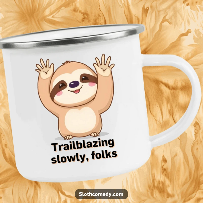 Funny kawaii sloth camping mug, showing a cute sloth's slow, deliberate, funny wave, ready for outdoor adventures and humor.