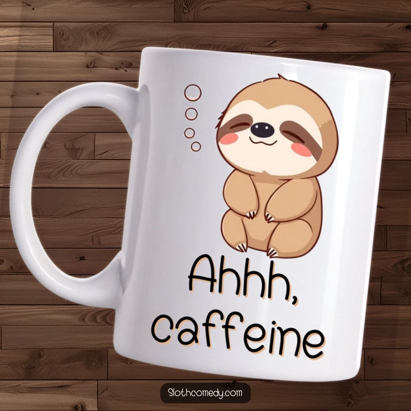 Funny Mug: A sloth lets out a contented exhale, visualized as a gentle puff of air, showing peacefulness.