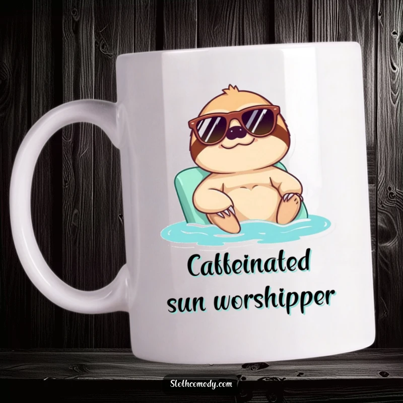 Funny mug with a sloth wearing sunglasses, lounging in a sunbath, exuding ultimate coolness and relaxed vacation vibes humorously.