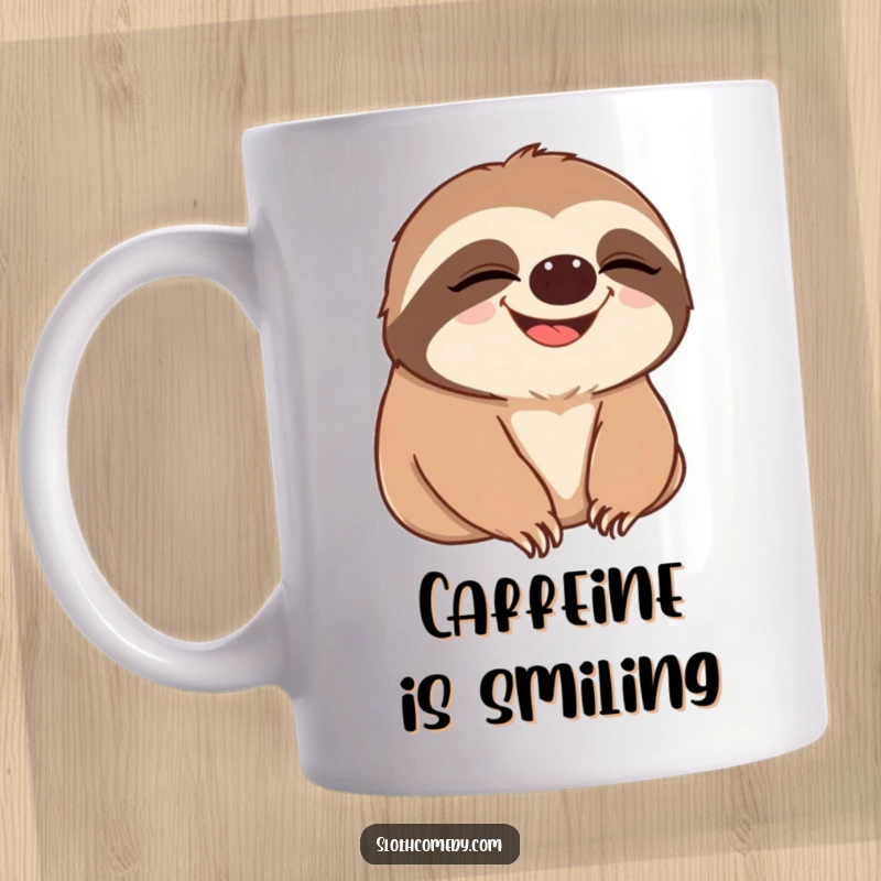 Funny mug showing a cute sloth slowly blinking, then transforming into a wide, happy grin, capturing a moment of pure joy.