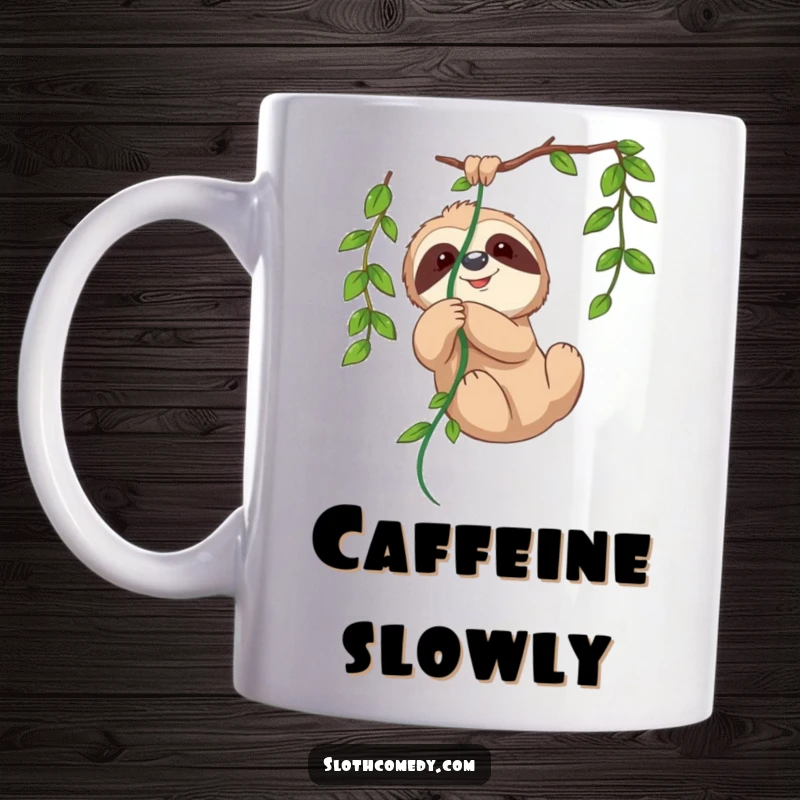 Funny mug showing a cute sloth playfully tangled in a green hanging vine, with a content smile and relaxed posture.