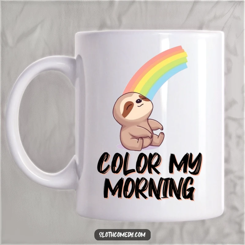 Funny Mug showing a sloth looking blissfully at a beautiful, vibrant rainbow, symbolizing hope and joy.