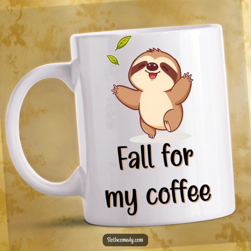 Funny mug showing a sloth comically attempting to catch a single falling leaf, highlighting perseverance with humor.