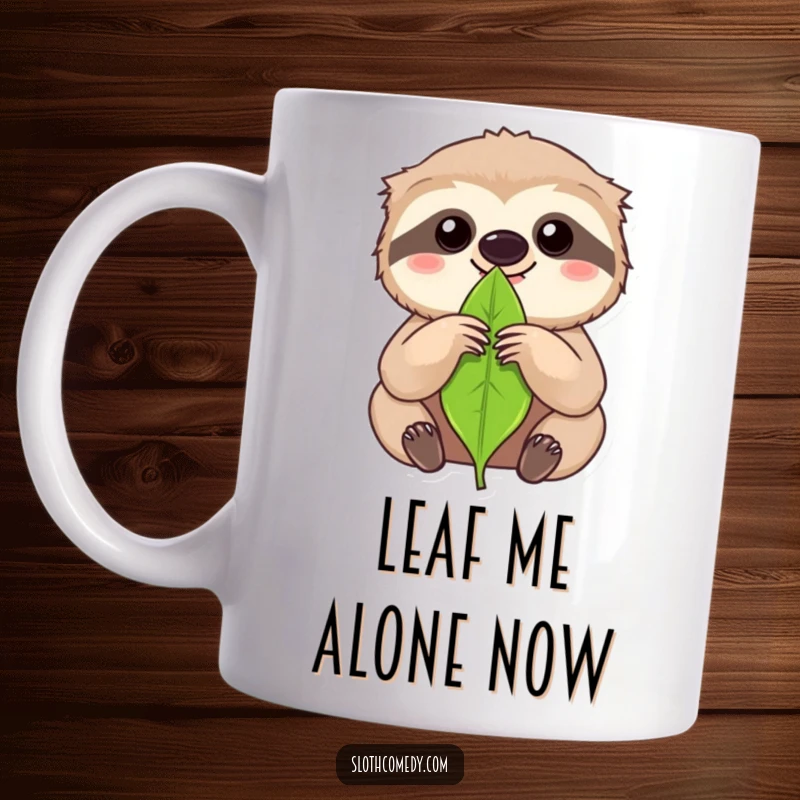 Funny kawaii sloth holding a single leaf with intense focus on a mug, symbolizing dedication and humor.