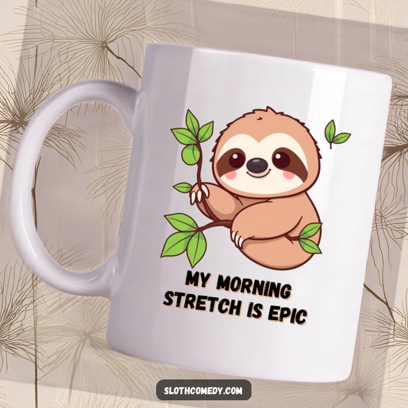 Funny Mug: Kawaii sloth adorably extending a branch with a big smile, symbolizing slow and happy living.