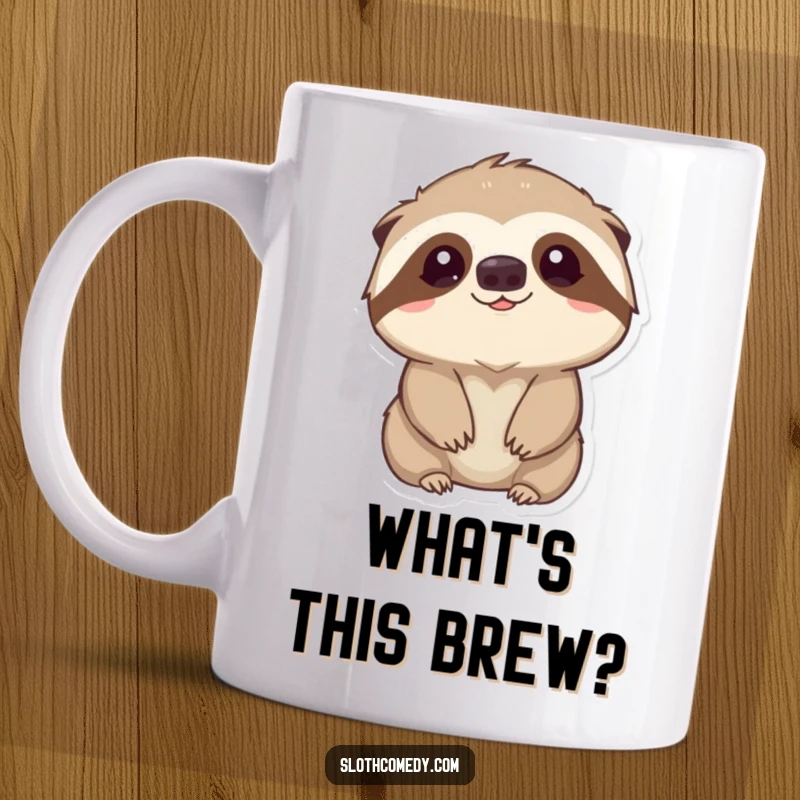 Funny Mug: A kawaii sloth looks up with wide eyes, displaying gentle curiosity and innocence, a heartwarming and funny gift.