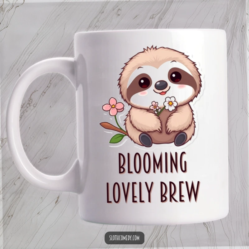 Funny Kawaii Sloth Flower Mug showing a cute sloth with a tiny flower tucked in its fur, perfect for humorous, sweet moments.