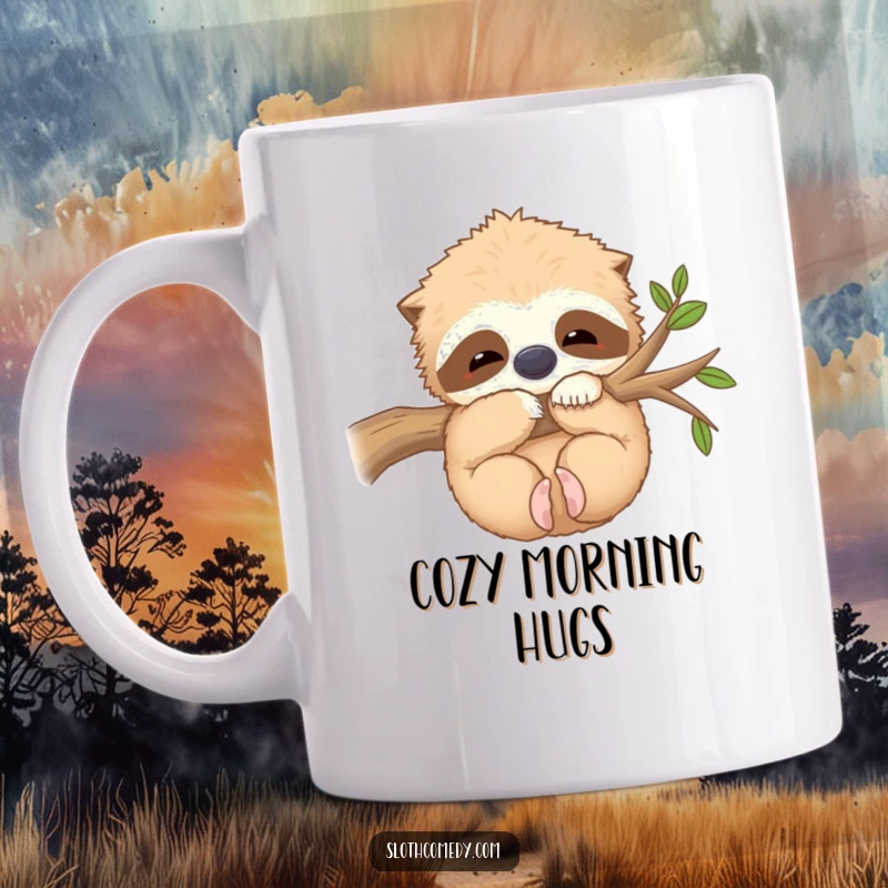 Funny Mug: A kawaii sloth hugs a fuzzy branch contentedly, radiating peace and comfort, a cozy and funny gift.