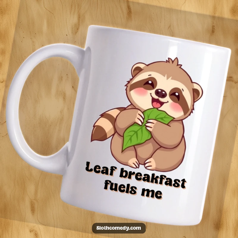 Funny Mug: Kawaii sloth joyfully munching on a leaf, radiating happiness and a love for nature's treats.