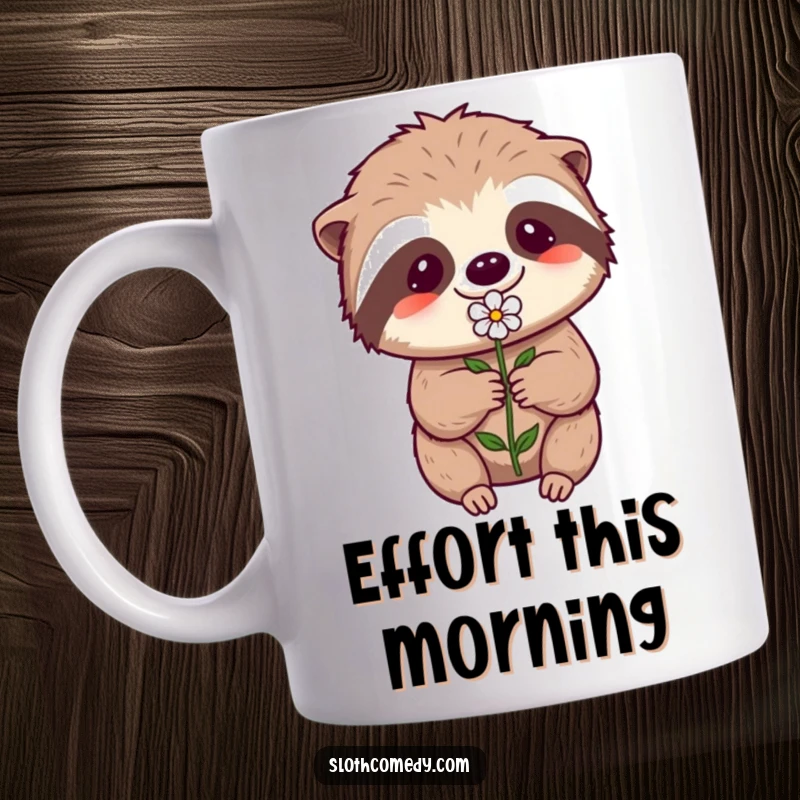 Funny Kawaii Sloth Mug: A sloth struggles to offer a tiny flower, radiating humorous effort and sweet determination.