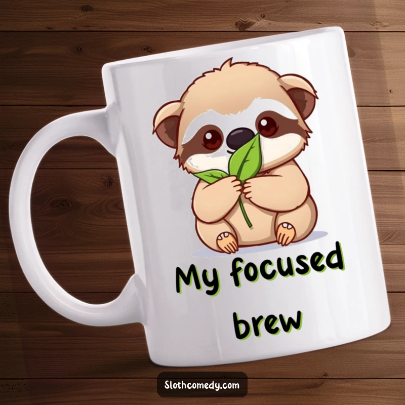 Funny kawaii sloth mug showing intense focus on holding a single leaf, representing dedication and calm determination.