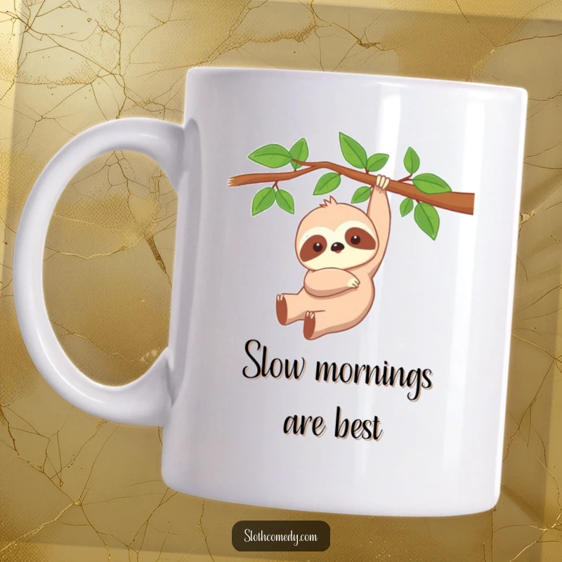 Funny Kawaii Sloth Mug showing a cute, peacefully dangling sloth on a branch, perfect for slow mornings and humor.