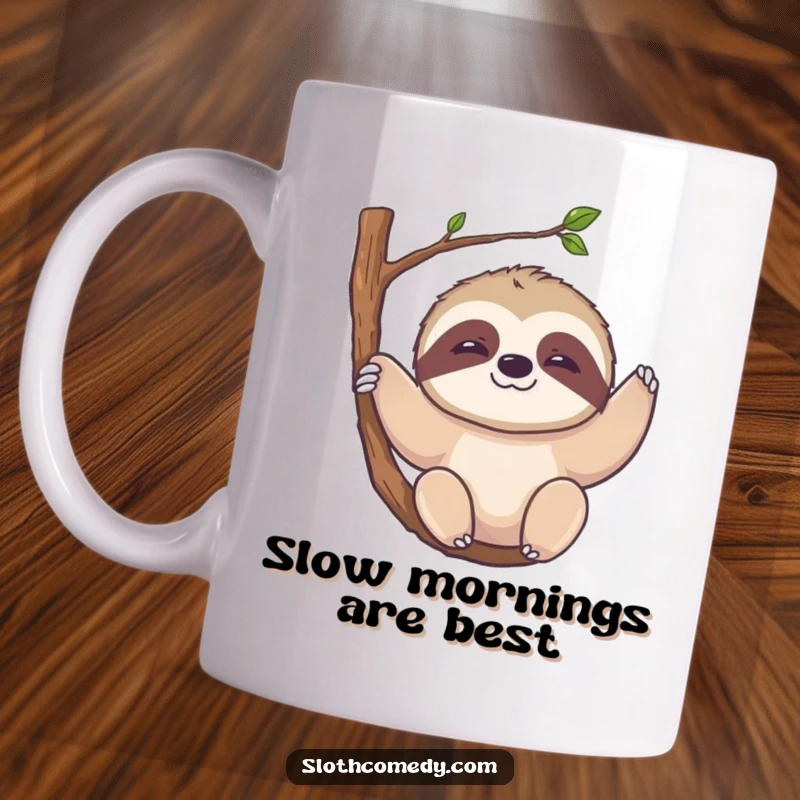 Funny Kawaii Sloth Mug: A cute sloth with a slow, happy smile hangs from a branch, perfect for sipping slow and enjoying life.