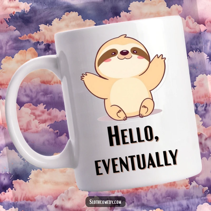 Funny Mug: Kawaii sloth doing a very slow, gentle wave, radiating peacefulness and friendly greetings.