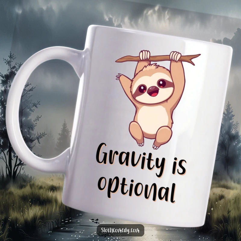 Funny Mug: A kawaii sloth hangs upside down with one arm extended, in a playful pose, a unique and funny gift.