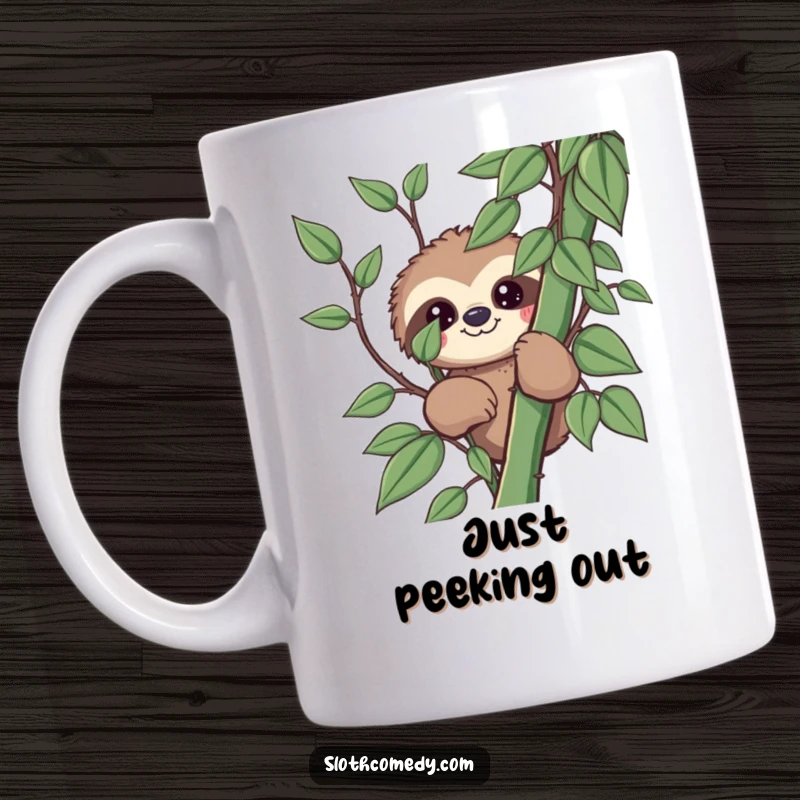 Funny kawaii sloth mug with a cute sloth peeking from behind a thick vine, embodying playful curiosity.