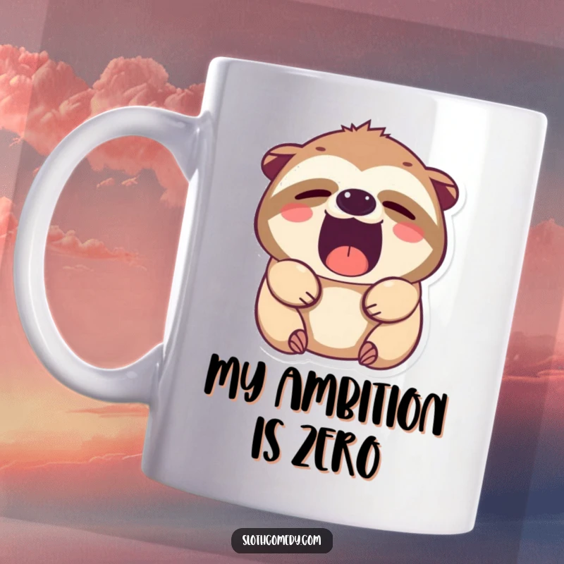 Funny Kawaii Sloth Yawning Mug, featuring a cute sloth with sleepy eyes, opening its mouth wide in a hilarious yawn, perfect for morning coffee.
