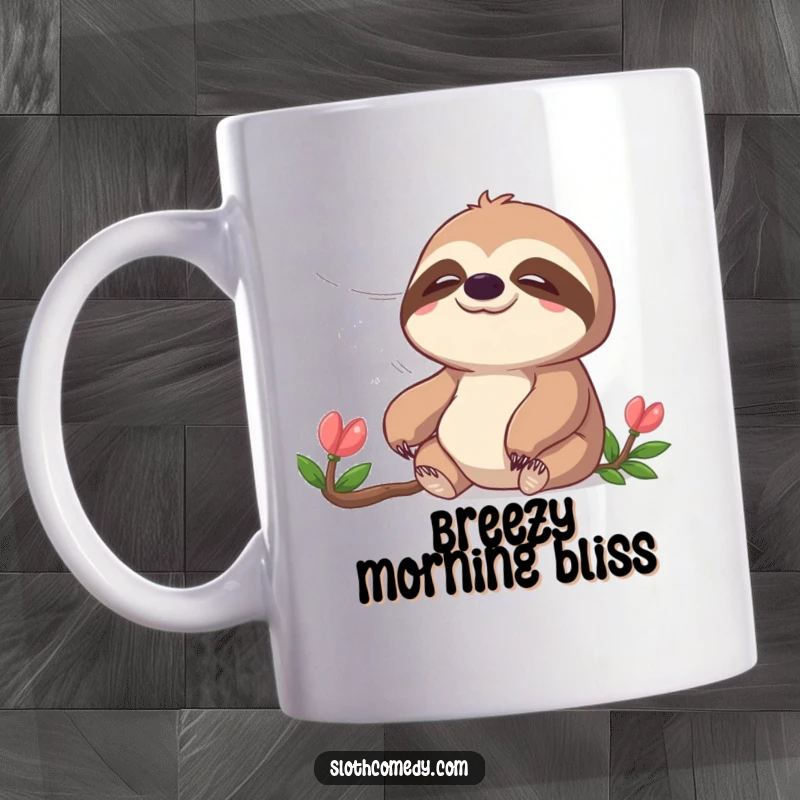 Funny mug showcasing a serene sloth with closed eyes, peacefully enjoying a gentle breeze, embodying calm and humor, a funny gift.