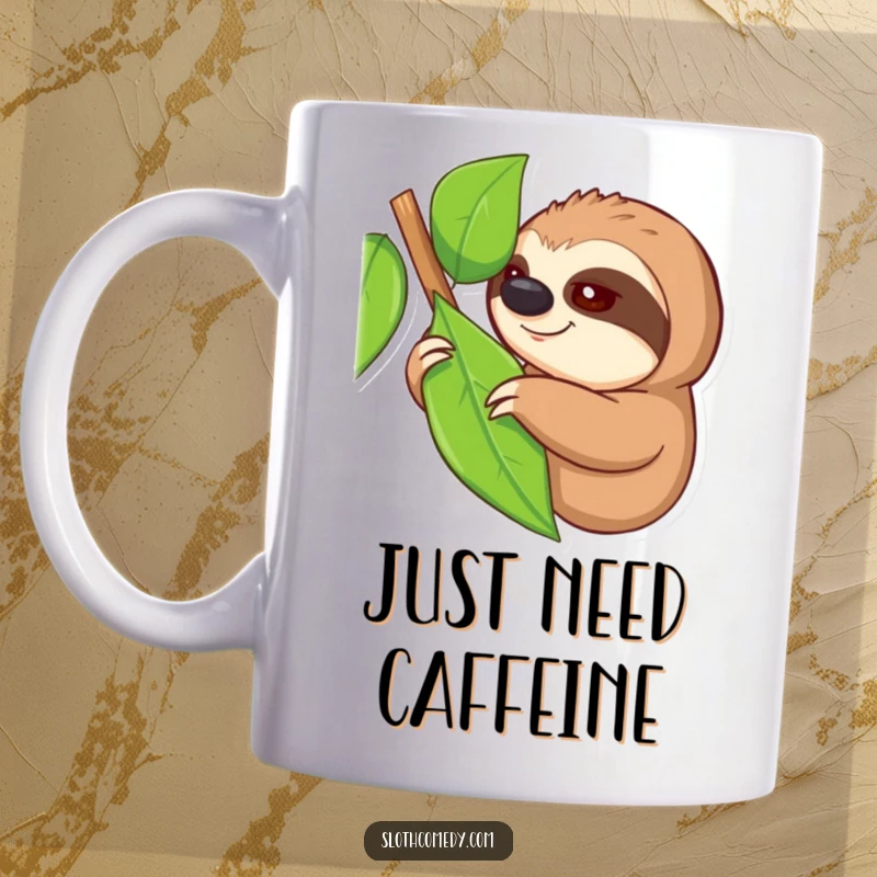Funny mug showing a sloth with one eye open, slowly extending an arm towards a leaf, symbolizing effort and humor, a funny gift.