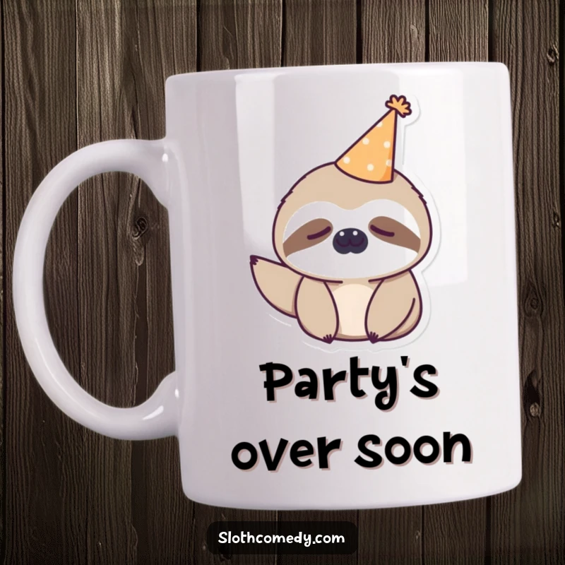 Funny kawaii sloth wearing a tiny party hat, looking sleepy on a mug, perfect for slow mornings and coffee lovers.