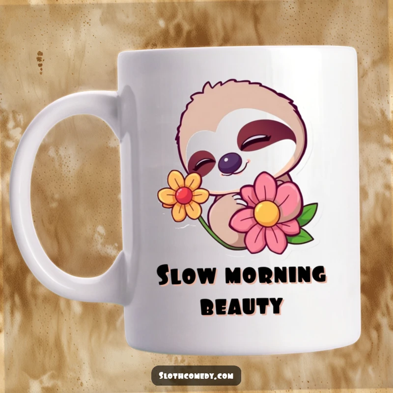 Funny mug featuring a sloth character with a sleepy wink, slowly blinking at a vibrant, colorful flower. A depiction of gentle amusement.