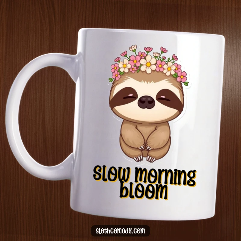 Funny sloth mug featuring a cute sloth wearing a delicate flower crown and nodding slowly, perfect for relaxation.