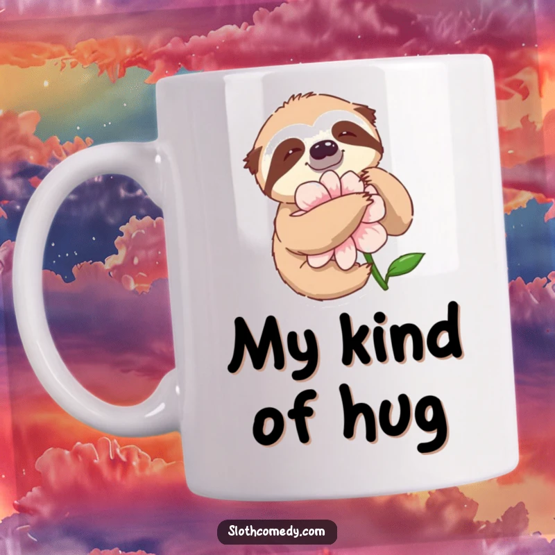 Funny Mug depicting a sloth slowly embracing a large flower with an expression of sheer, unadulterated delight.