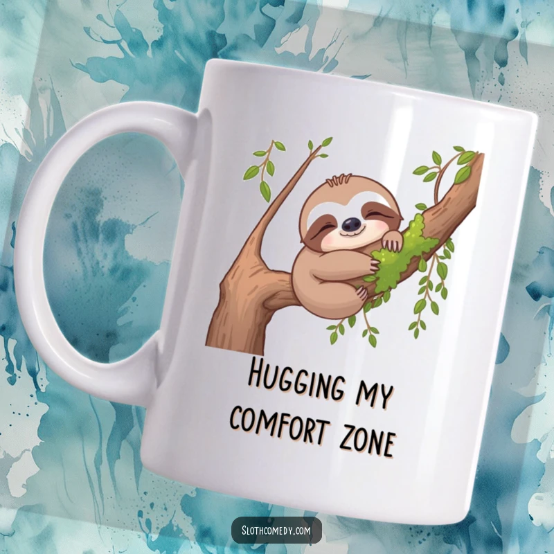 Funny sloth mug showing a content sloth hugging a mossy branch, embodying peace, nature, and cozy happiness.