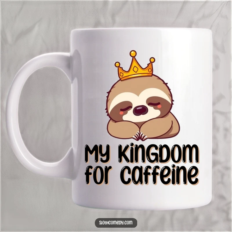 Funny sloth king wearing a tiny crown, napping peacefully on a mug. Perfect for lazy gift lovers.