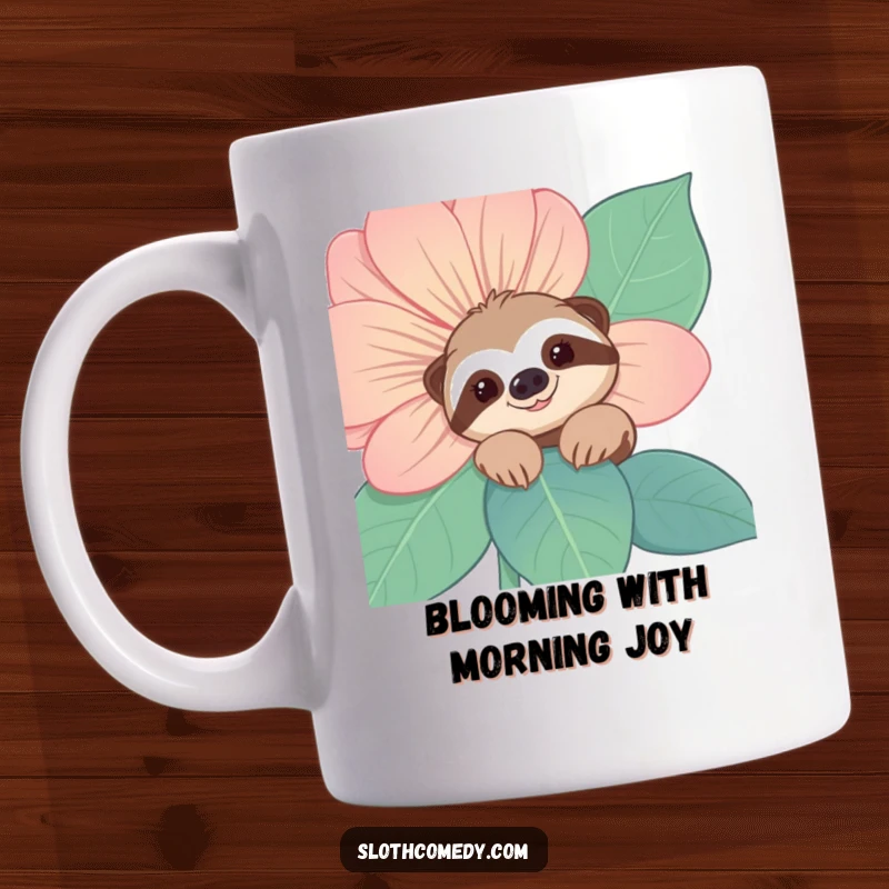 Funny Sloth Mug: A smiling sloth character peeks shyly from behind a large flower, offering a humorous and sweet surprise.