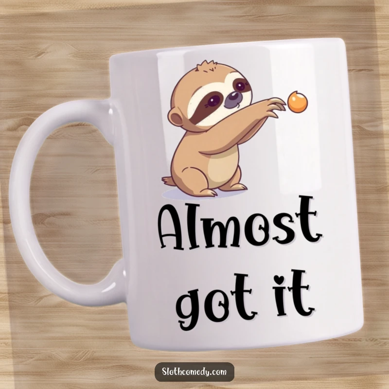 Funny Mug: A sloth slowly extends one claw towards an object far in the distance, embodying patience.