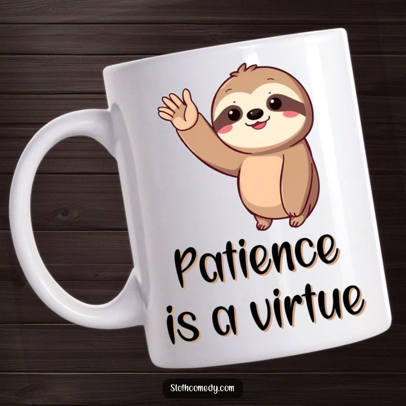 Funny Mug featuring a sloth giving a slow, joyful wave with its long arm, embodying relaxed happiness.
