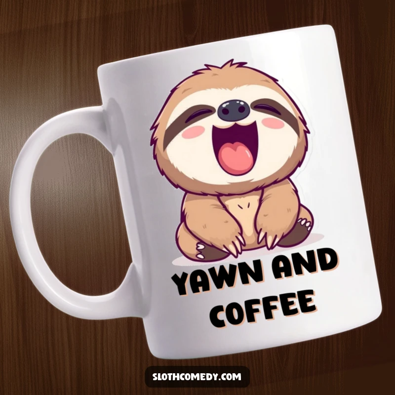 Funny sloth mug capturing a sloth mid-yawn, showcasing its wide, pink mouth in a humorous expression.