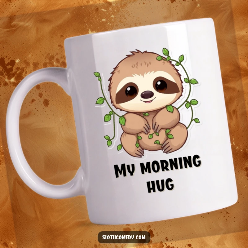Funny Mug showing a sloth with small, playful vines gently wrapped around its limbs, creating a whimsical and serene nature scene.