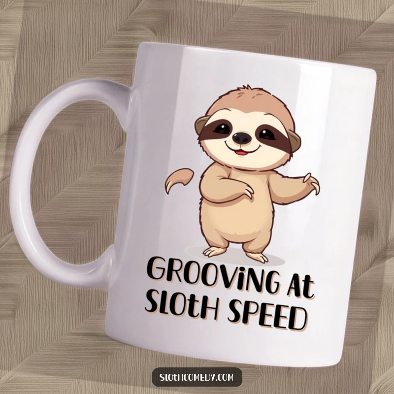 Funny mug showing a sloth attempting a slow, deliberate dance move with immense concentration, perfect for sloth lovers.