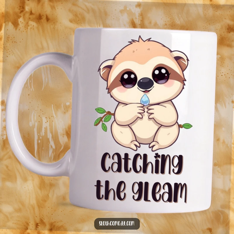Enchanting mug showing a cute sloth with bright, sparkling eyes gently holding a single, glistening dewdrop.