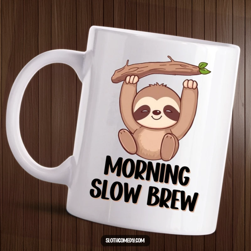 Funny kawaii sloth mug with a slow, gentle smile, hanging relaxed from a branch, embodying ultimate chill vibes.