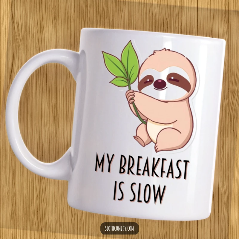 Funny Kawaii Sloth Leaf Mug showing a cute sloth slowly reaching for a leaf, perfect for humorous, patient moments.