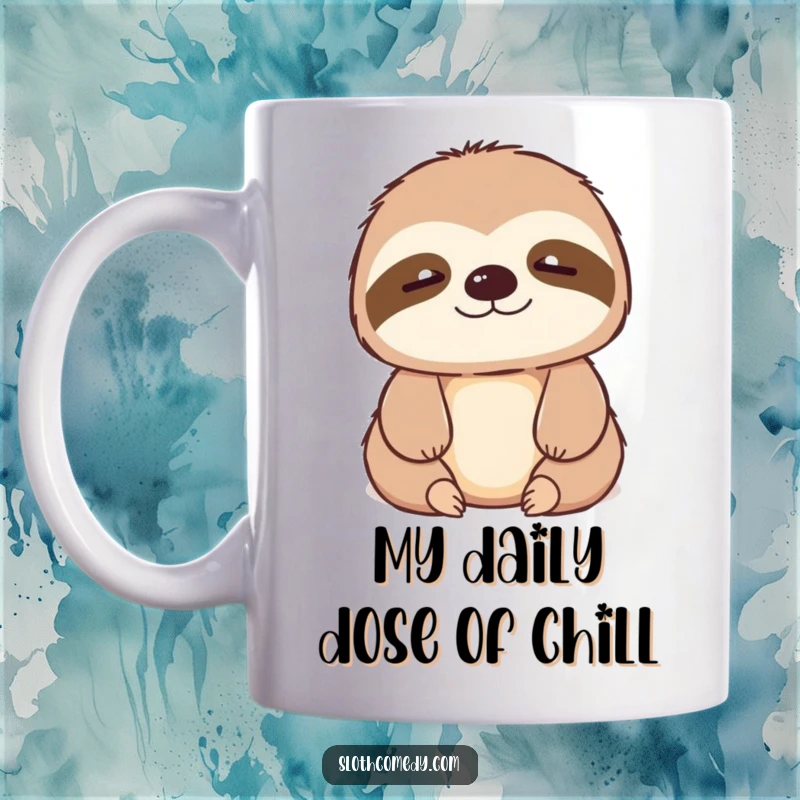 Funny kawaii sloth mug with a tiny contented sigh, embodying peaceful relaxation and slow living enjoyment.