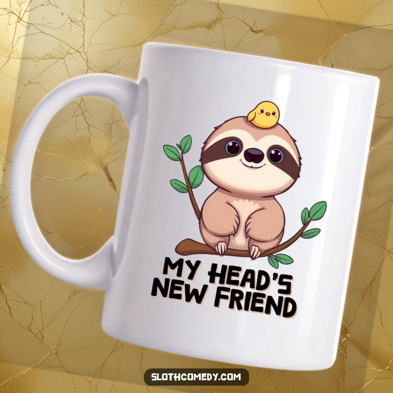 Funny sloth mug with a tiny cheerful bird perched on its head, embodying peaceful companionship and gentle humor.