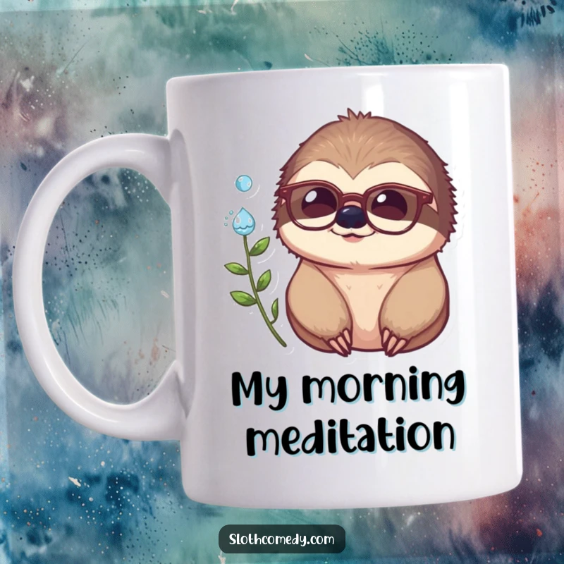 Funny mug with a sloth wearing spectacles, thoughtfully observing a dewdrop, showcasing its intellectual and calm personality.