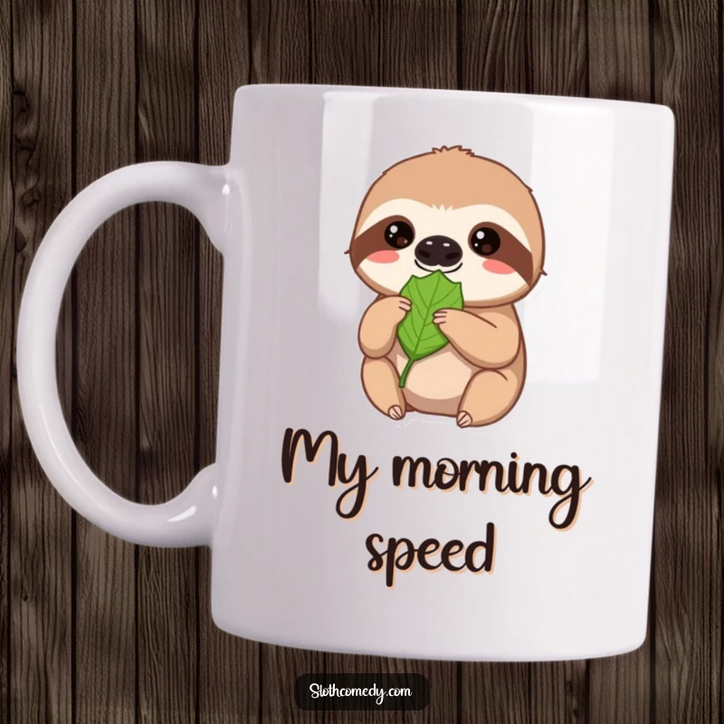 Funny sloth mug, patiently offering a green leaf with a soft, loving gaze, perfect for slow living enthusiasts.