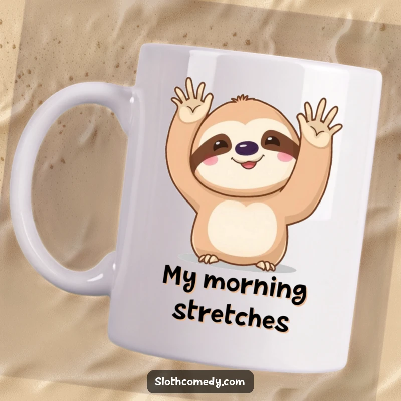 Funny kawaii sloth mug, moving in slow motion with a deliberate, lazy wave, embodying pure, unhurried joy.