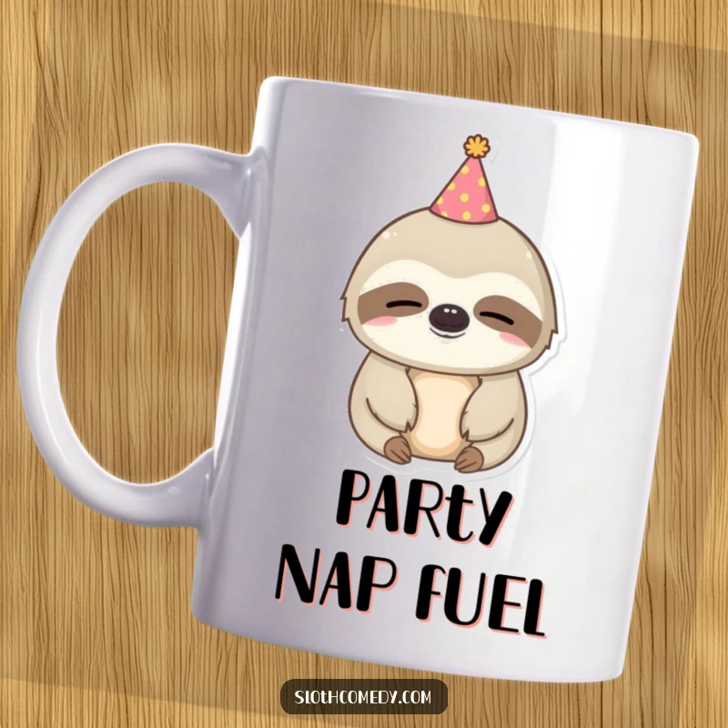 Funny kawaii sloth mug wearing a small party hat, looking adorably sleepy, ready for a nap-party.