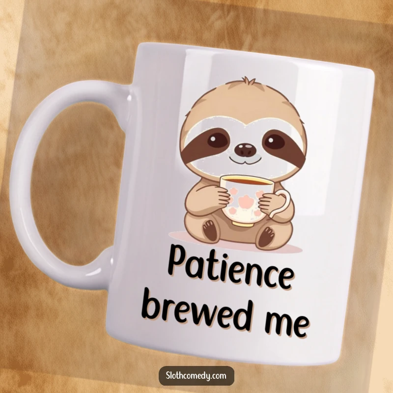 Funny mug featuring a sloth taking a slow, deliberate sip from a tiny teacup with refined humor.