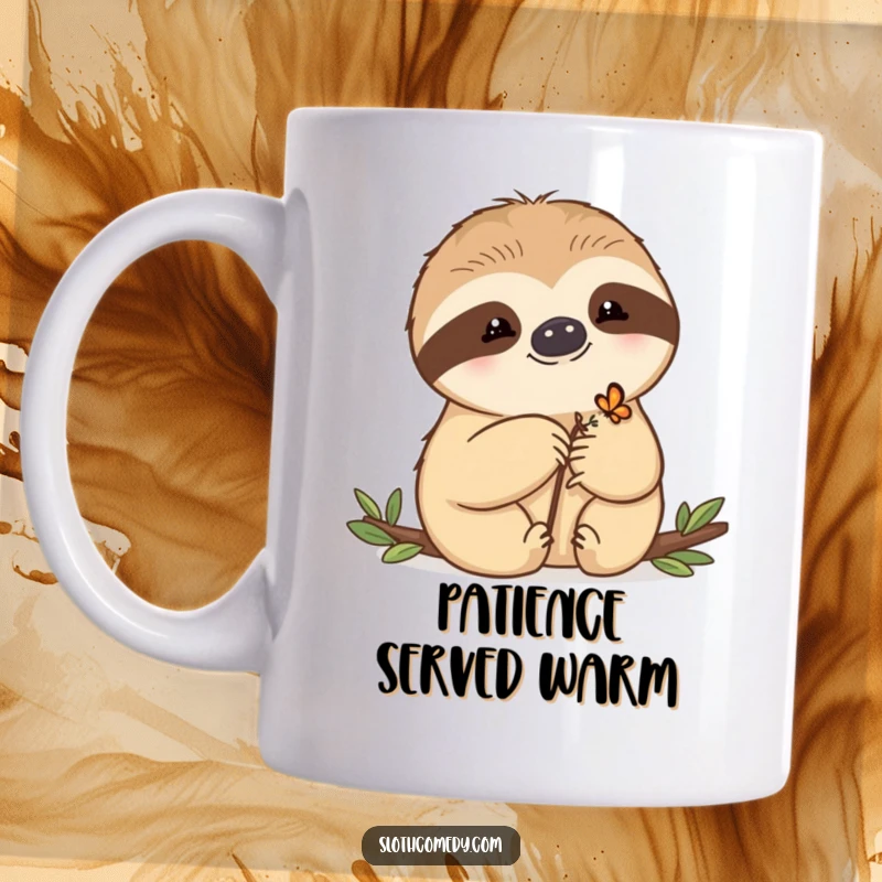 Funny Mug with a kawaii sloth gently letting a tiny butterfly rest on its paw, showcasing a sweet moment of interspecies friendship.