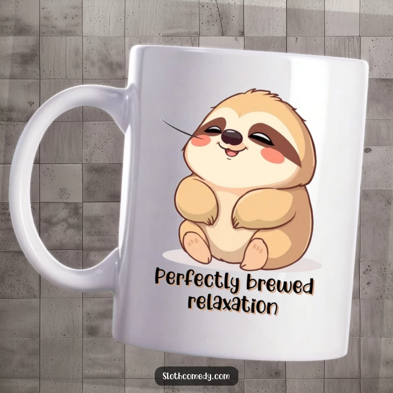 Funny mug featuring a chubby sloth with a relaxed expression, eyes closed, blissfully enjoying a gentle, cooling breeze. A depiction of pure contentment.